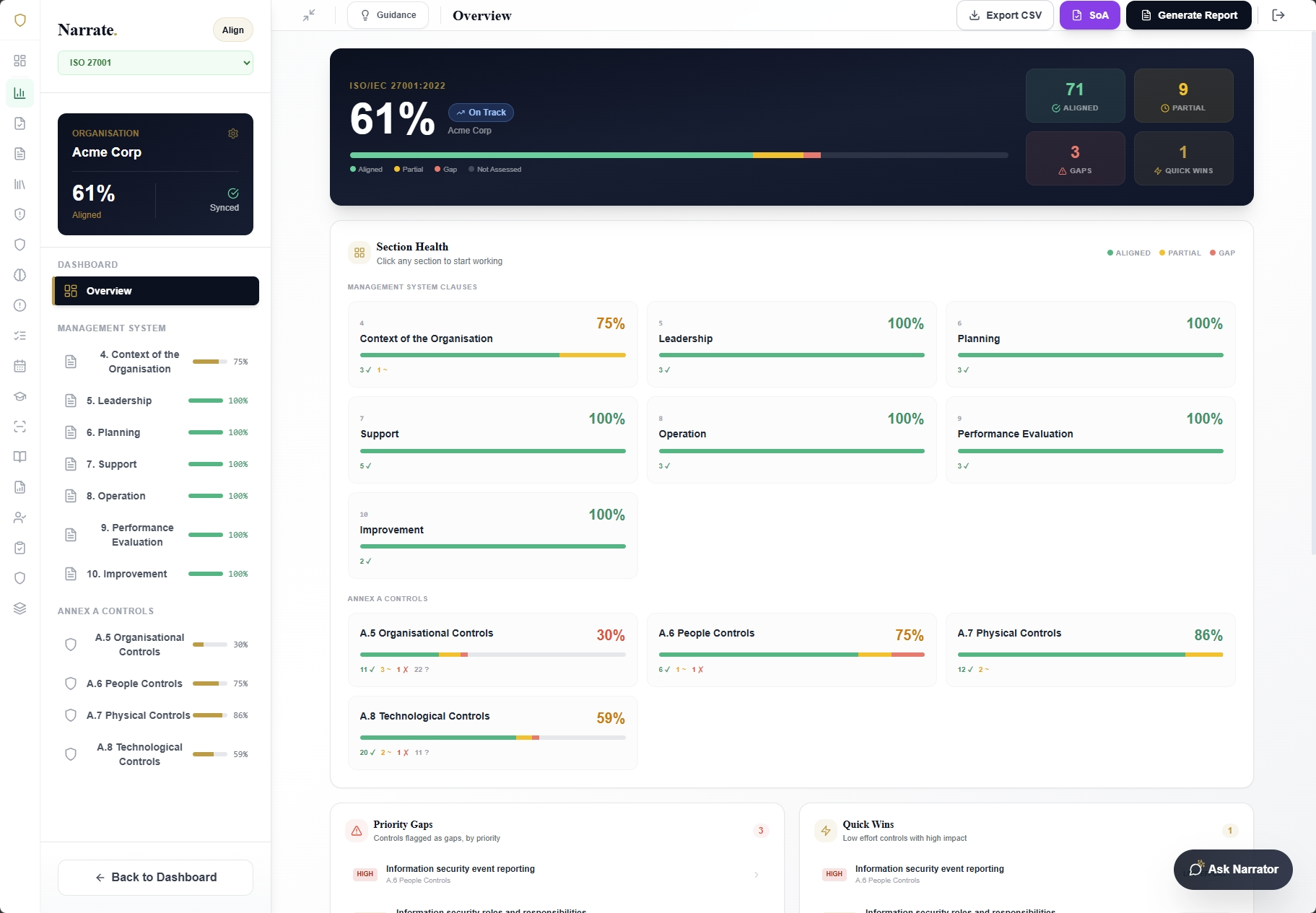 Narrate Align module with control-by-control assessment and AI Copilot panel