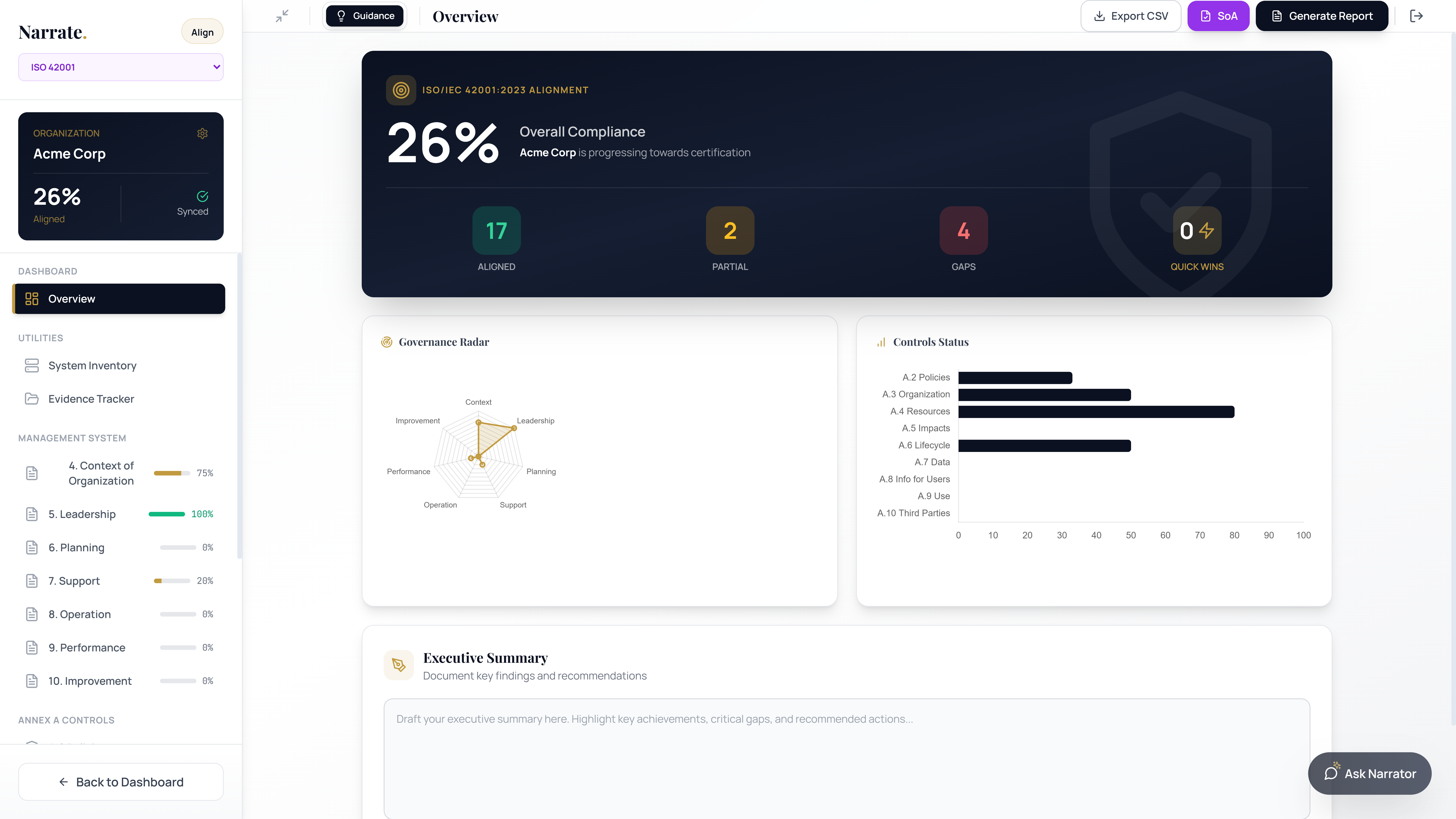 Narrate Align module showing control-by-control compliance assessment with status indicators