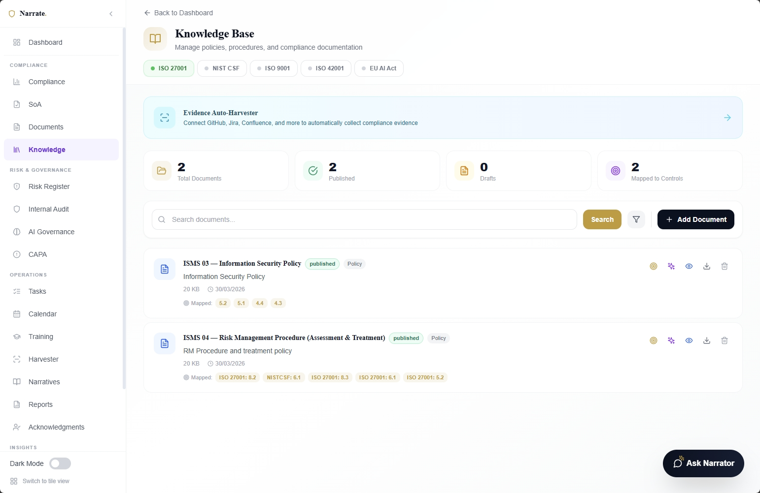 Narrate AI-powered evidence analysis with confidence scoring, gap flags, and control fit assessment
