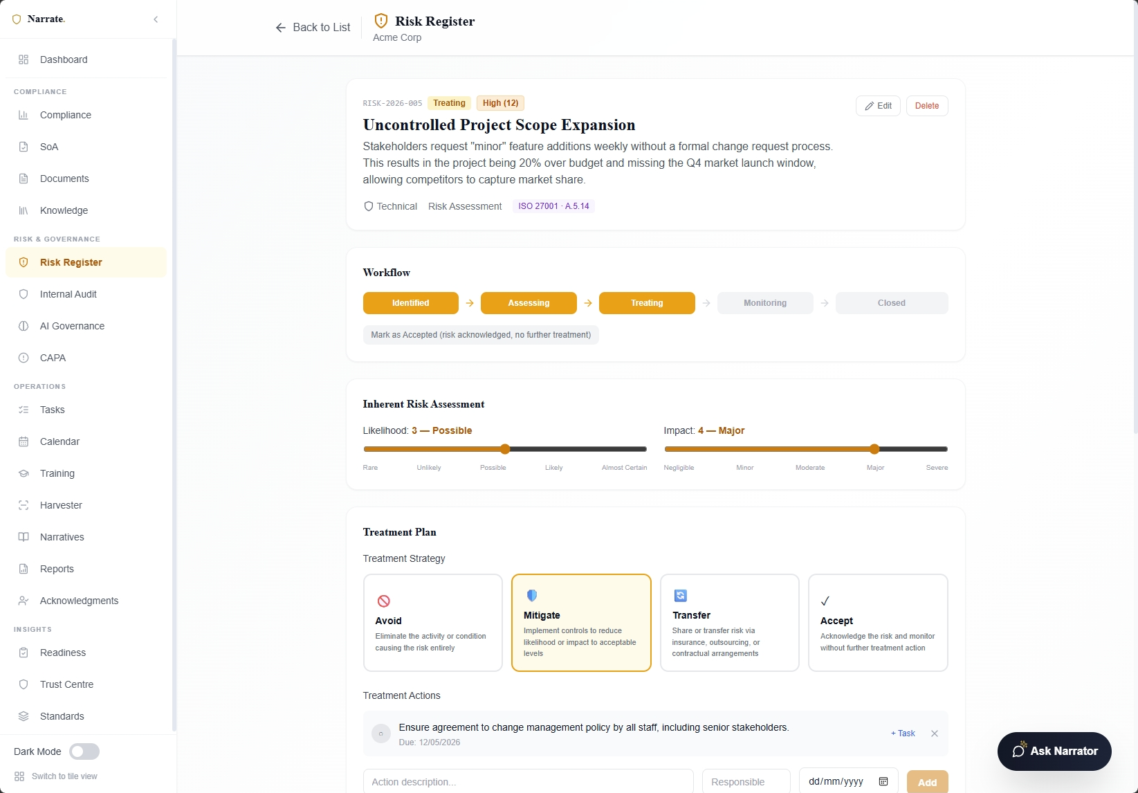 Narrate risk register with 5x5 heat map and treatment plans
