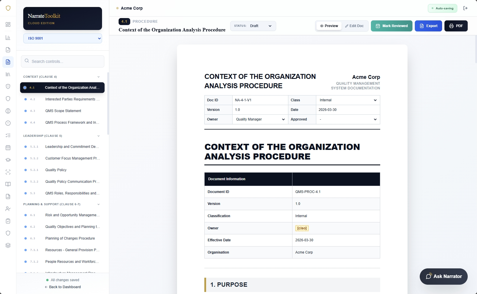 Narrate policy toolkit with 100+ templates, version control, and AI-assisted editing